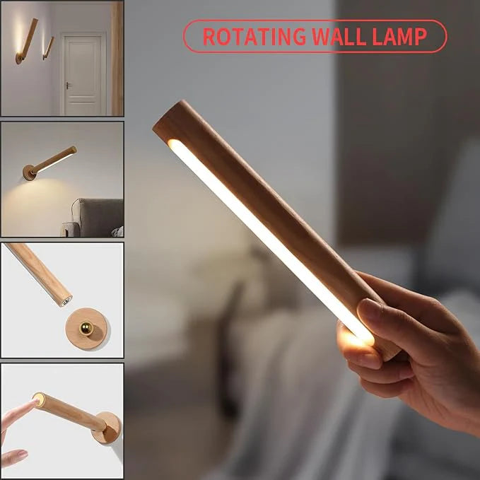 2pcs Rotatable Wooden Led Wall Lamp Magnetic USB Rechargeable Wall Sconces Battery Operated Led Night Light for Household (Beech Wood)