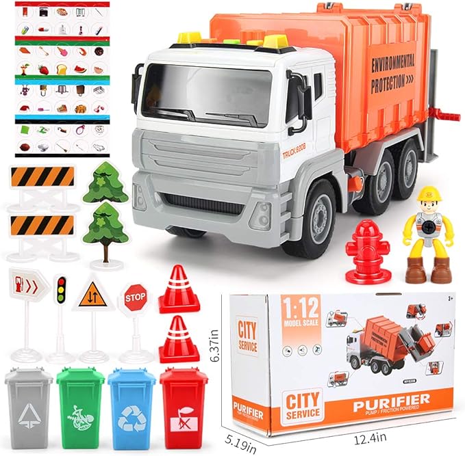 12" Garbage Truck Toys Trash Truck Dump Truck with 4 Garbage Cans, Friction Powered Truck with Sound and Light,Push and Go Pull Back Car for Boys
