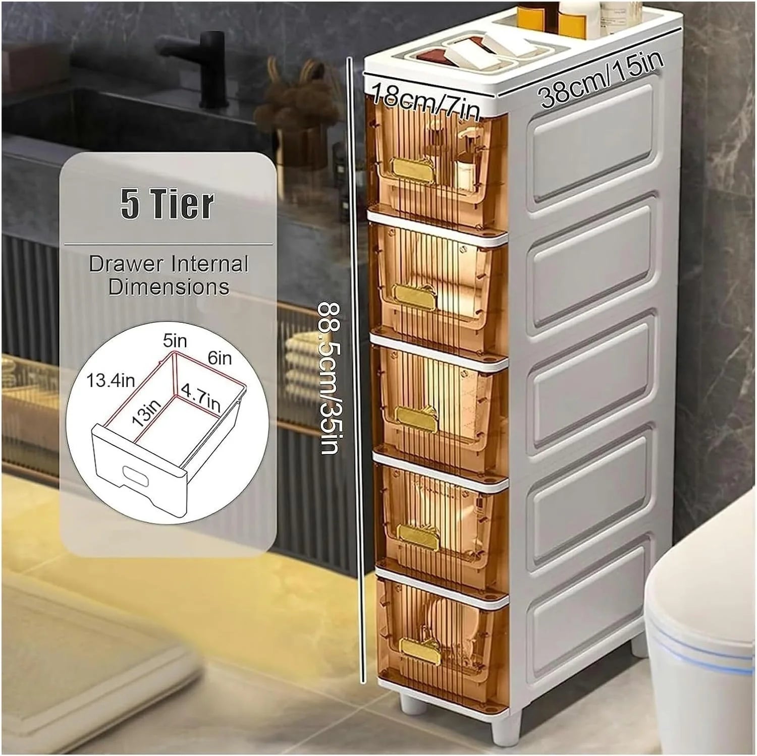 5-Tier Bathroom Storage Cabinet, Narrow Bathroom Cabinet with 5 Tier Narrow Storage Drawers for Kitchen, Bathroom Corner and Small Narrow Space
